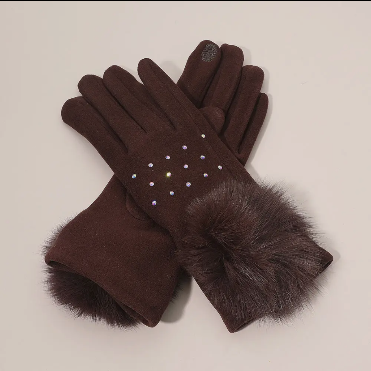 Faux Fur Gloves w/Rhinestone