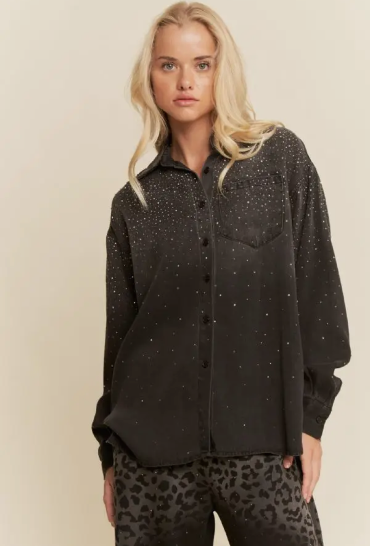 Denim Button Down Collar Shirt w/Stones