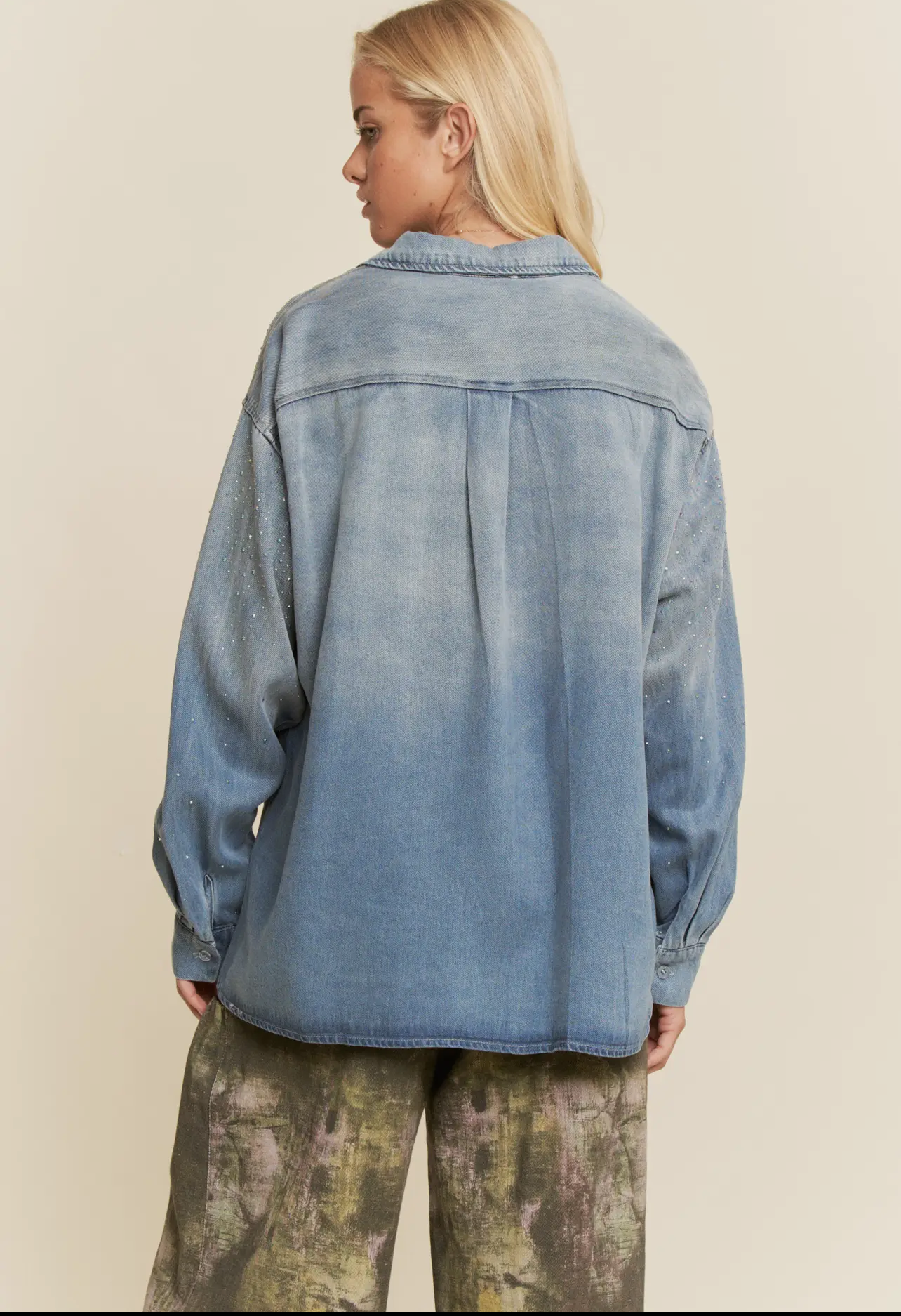 Denim Button Down Collar Shirt w/Stones