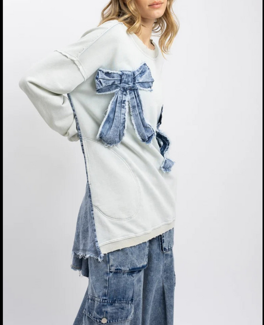OVERSIZED Mixed Media Top with Denim Ribbon Bow Patches