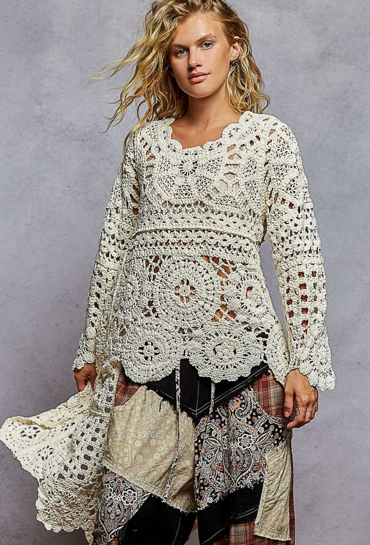 Comic Boho Weave Soft Creme Crochet Pullover