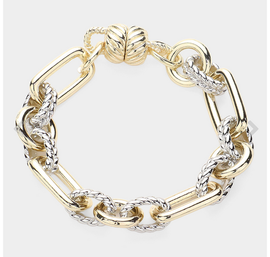 14K Gold Plated Two Tone Chain Link Magnetic Bracelet