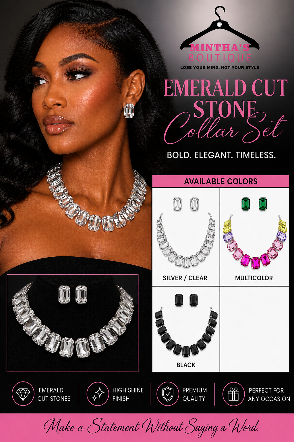 Emerald Cut Stone Collar Evening Necklace