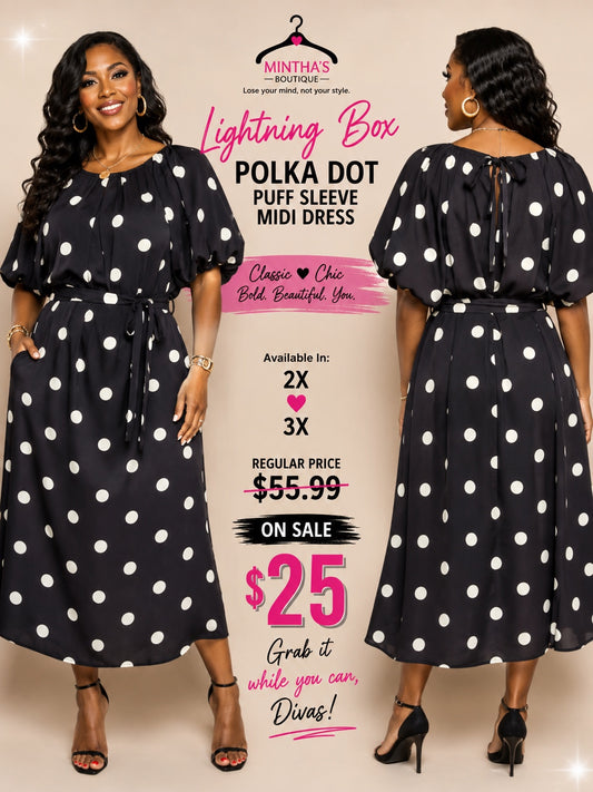 LIGHTING BOX POLKA DOT PUFF SLEEVES WAIST MIDI DRESS