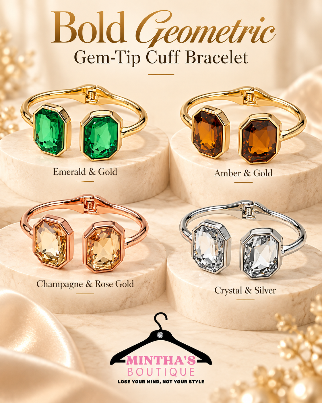 Bold Geometric Gem Tip Hinged Bangle Cuff Bracelet