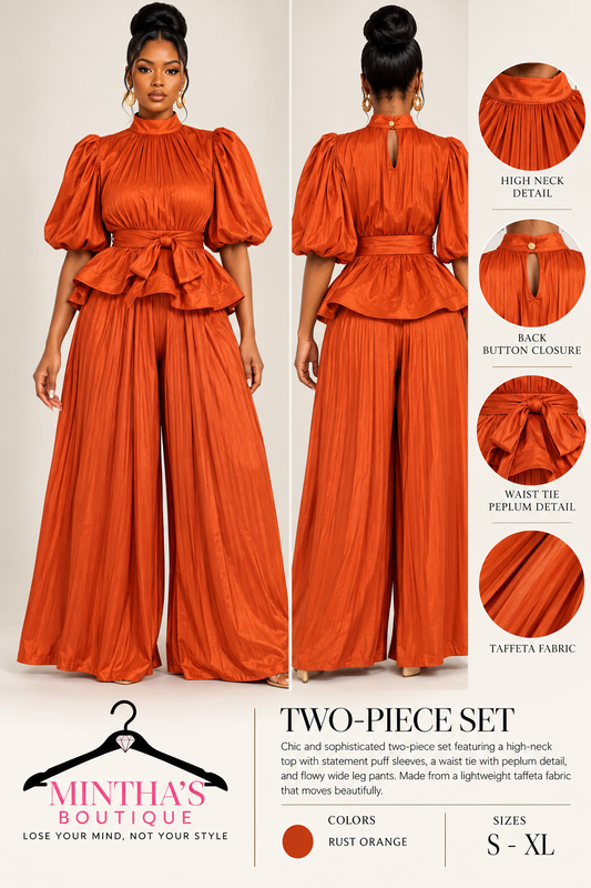 Clara Glossy Texture Belted Pleats Top & Flare Pants Set _Orange or Green