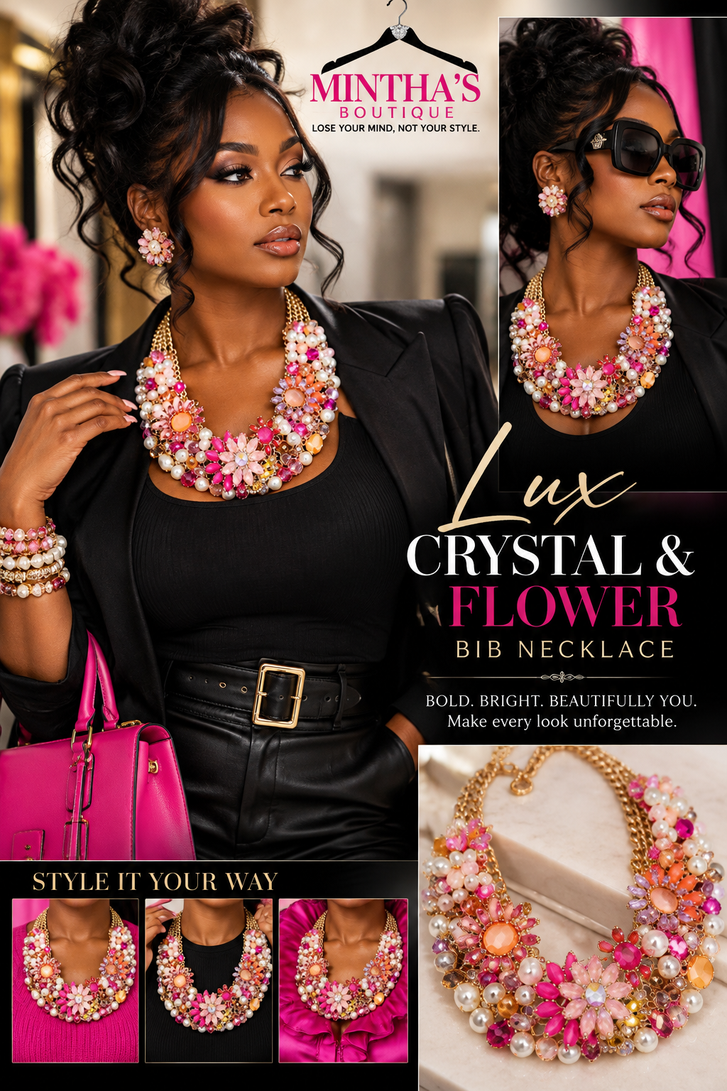 Pink Luxe Flower Bib Statement Necklace
