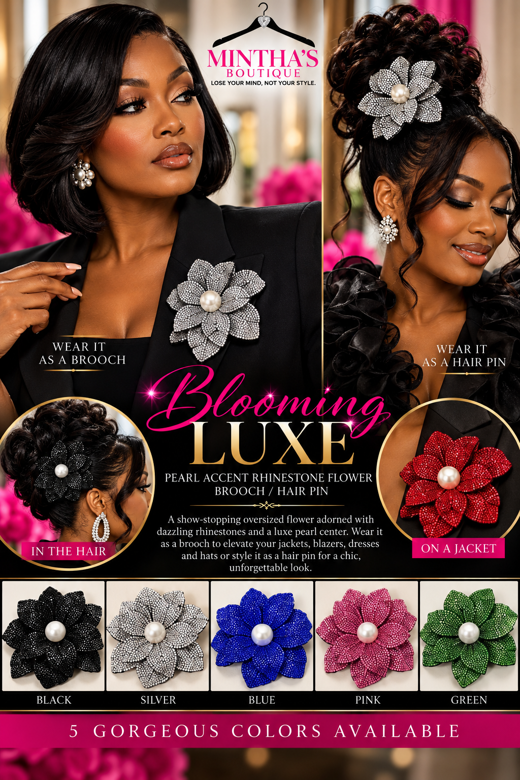 Pearl Accent Bling Studded Flower  Brooch/Hair Pin