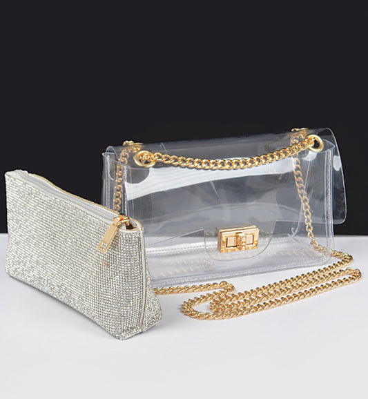 Transparent Crossbody Bag W/Rhinestone Clutch