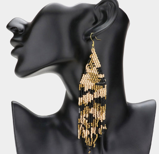 Pattern Detailed Seed Beaded Fringe Dangle Earrings