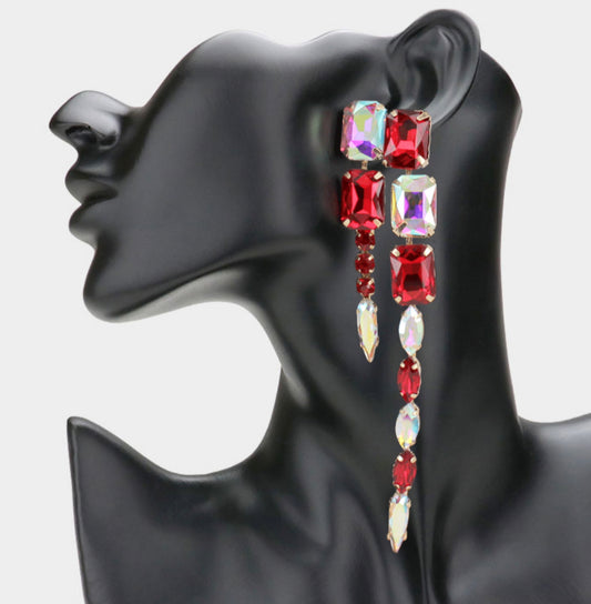 Red Multi Stone Long Dropped Multi Stone Cluster Vine Dangle Earrings