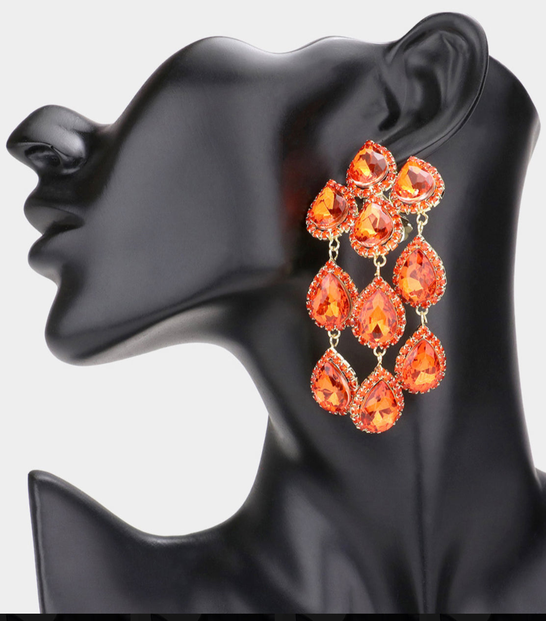 Orange Teardrop Stone Link Dangle Clip on Earrings