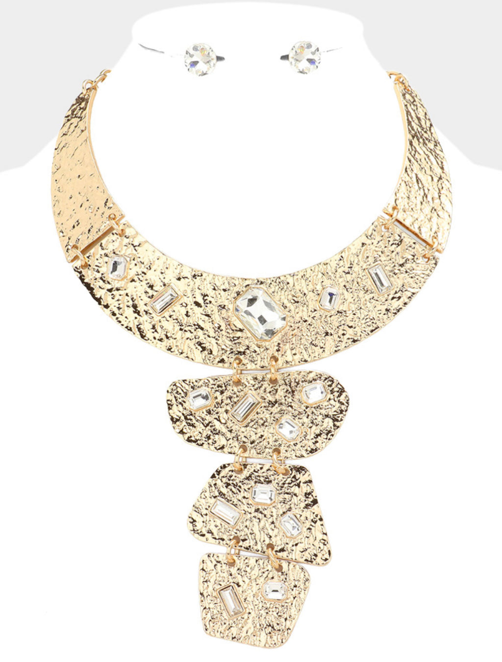 Gold Stone Embellished Textured Metal Necklace