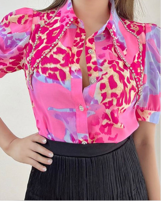 Pink Multicolor Rhinestone Top