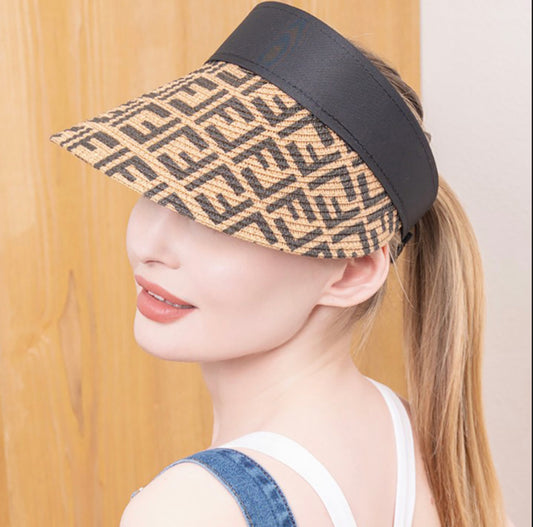 Patterned Straw Visor Sun Hat