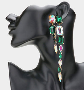 Emerald Green Long Dropped Multi Stone Cluster Vine Dangle Earrings