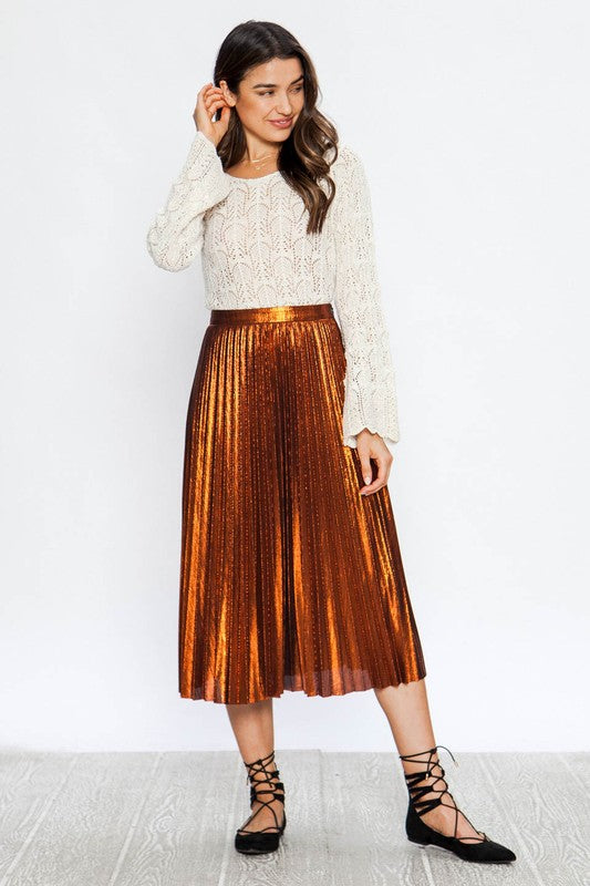 Rust Quarter to Five Metallic Pleaded Skirt