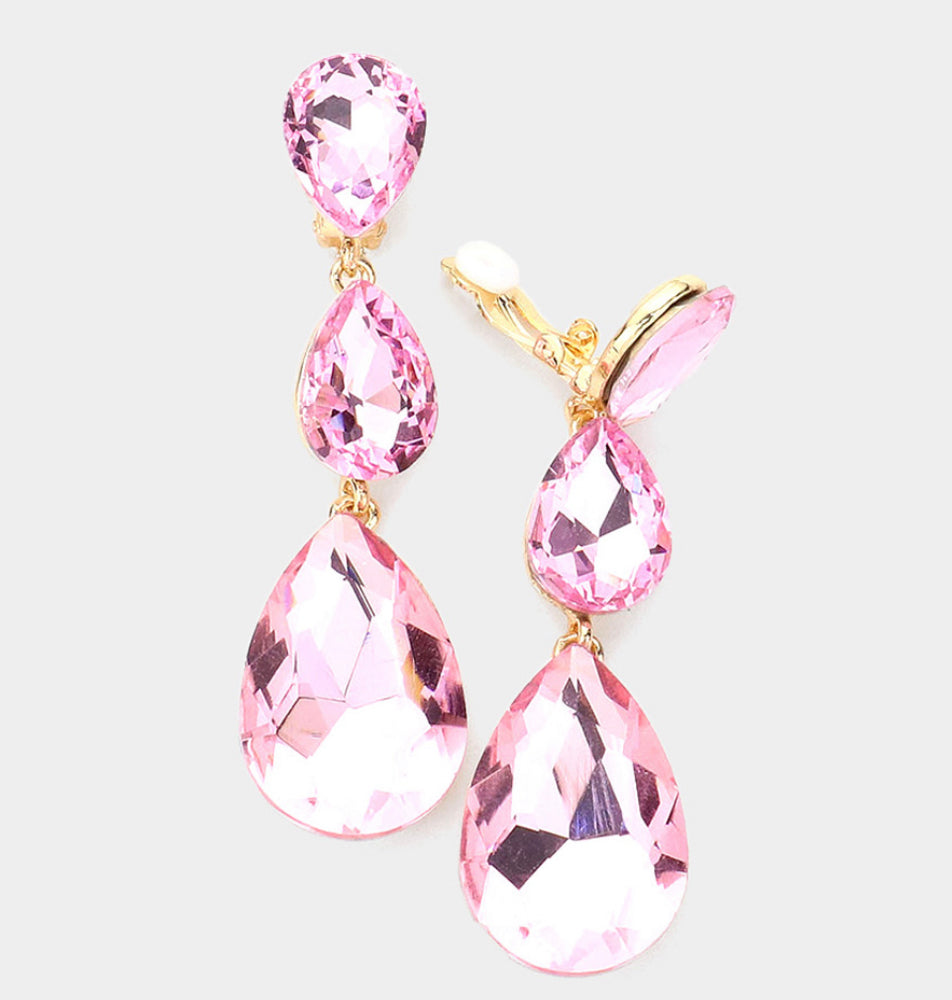 Pink Triple Crystal Glass Earrings