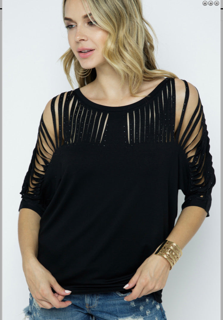 SHORT SLEEVE TOP WITH LASER CUT AND STONES