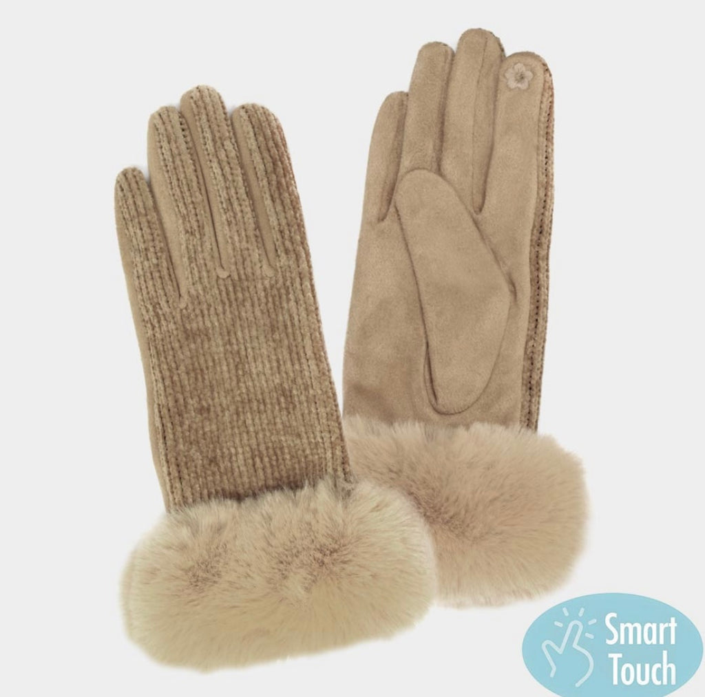 Solid Soft Feel Chenille Faux Fur Cuff Smart Gloves