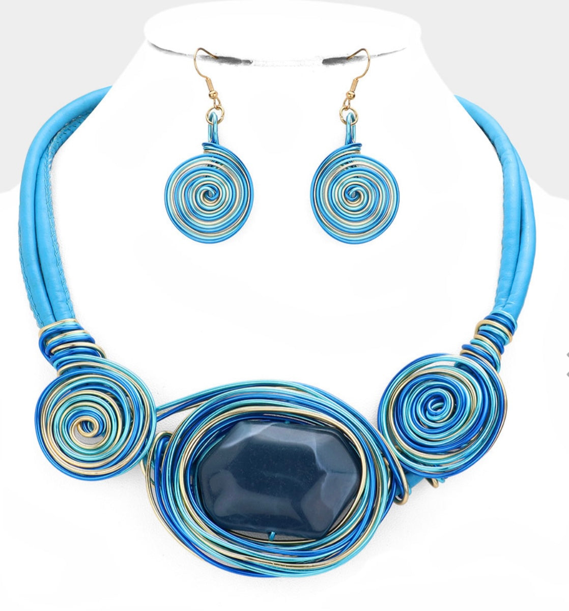 Blue Marbled Bead Accented Swirl Metal Wire Necklace