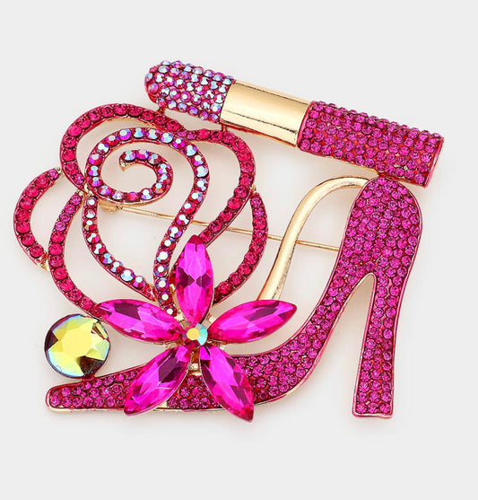 Rhinestone Pave High Heel Flower Lipstick Brooch