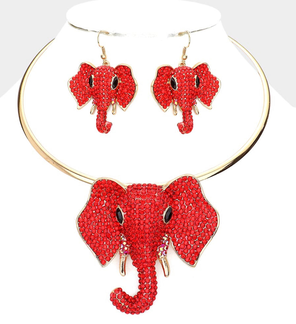 Red Rhinestone  Elephant Necklace Set