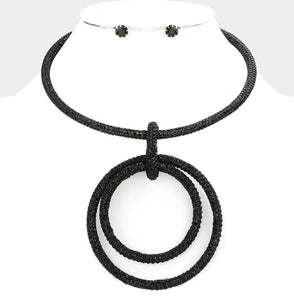 Jet Black Bling Double Open Circle  Necklace