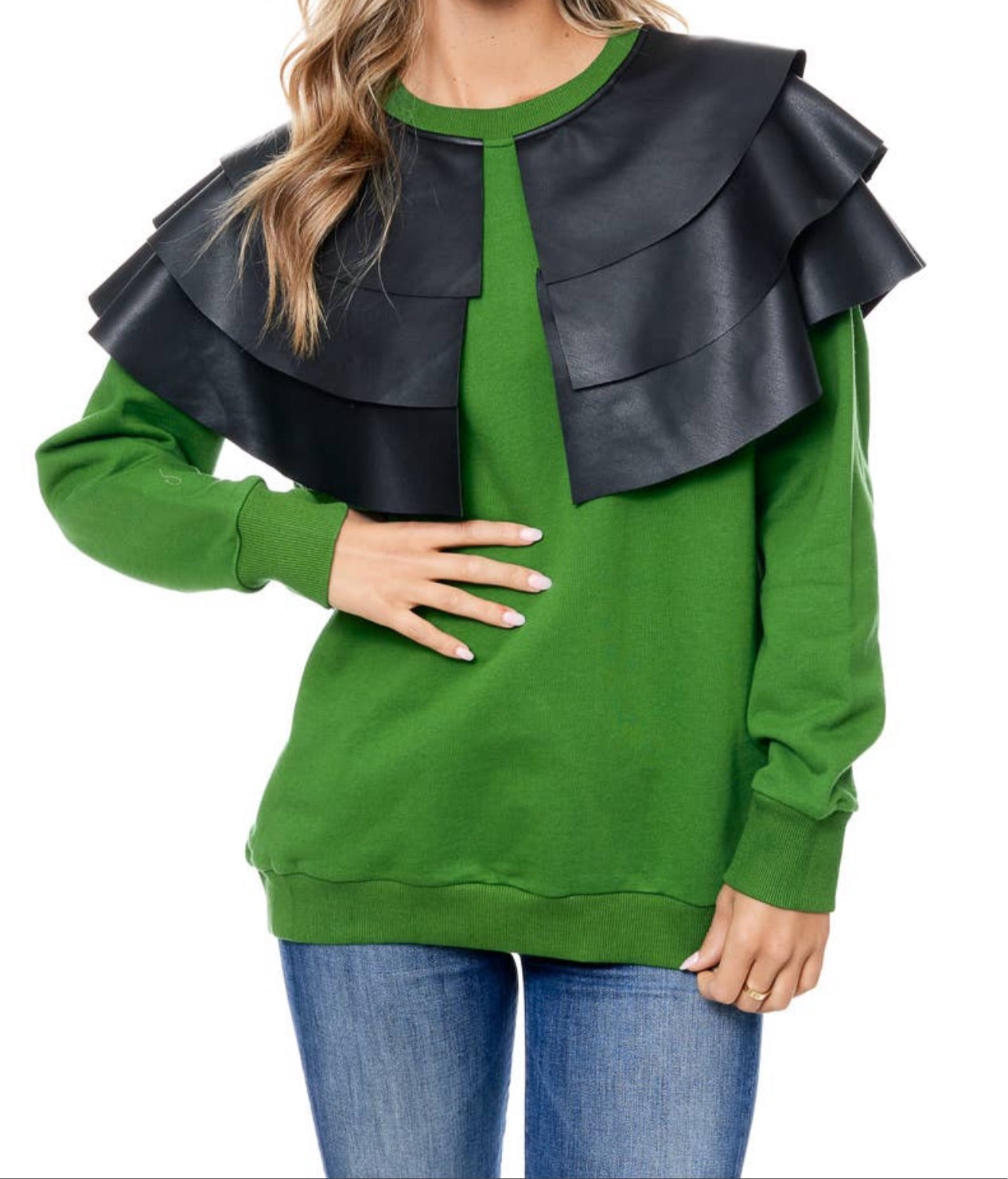 Sassy Faux Leather Ruffle Shoulder Top
