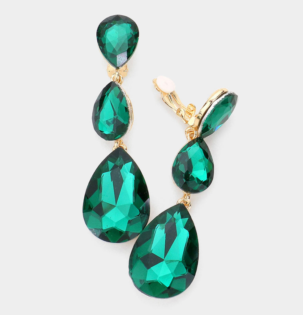 Emerald Green Triple Crystal Glass Earrings