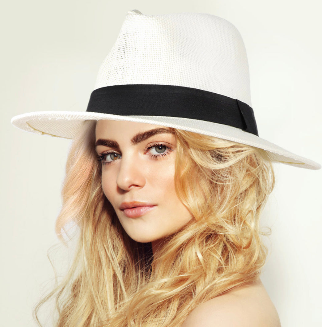 White Solid Band Straw Fedora Hat
