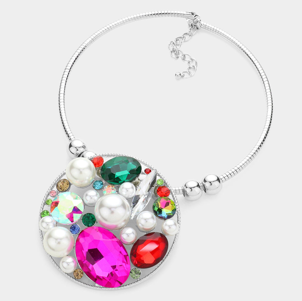 Pearl Multi Stone Cluster Open Circle Necklace