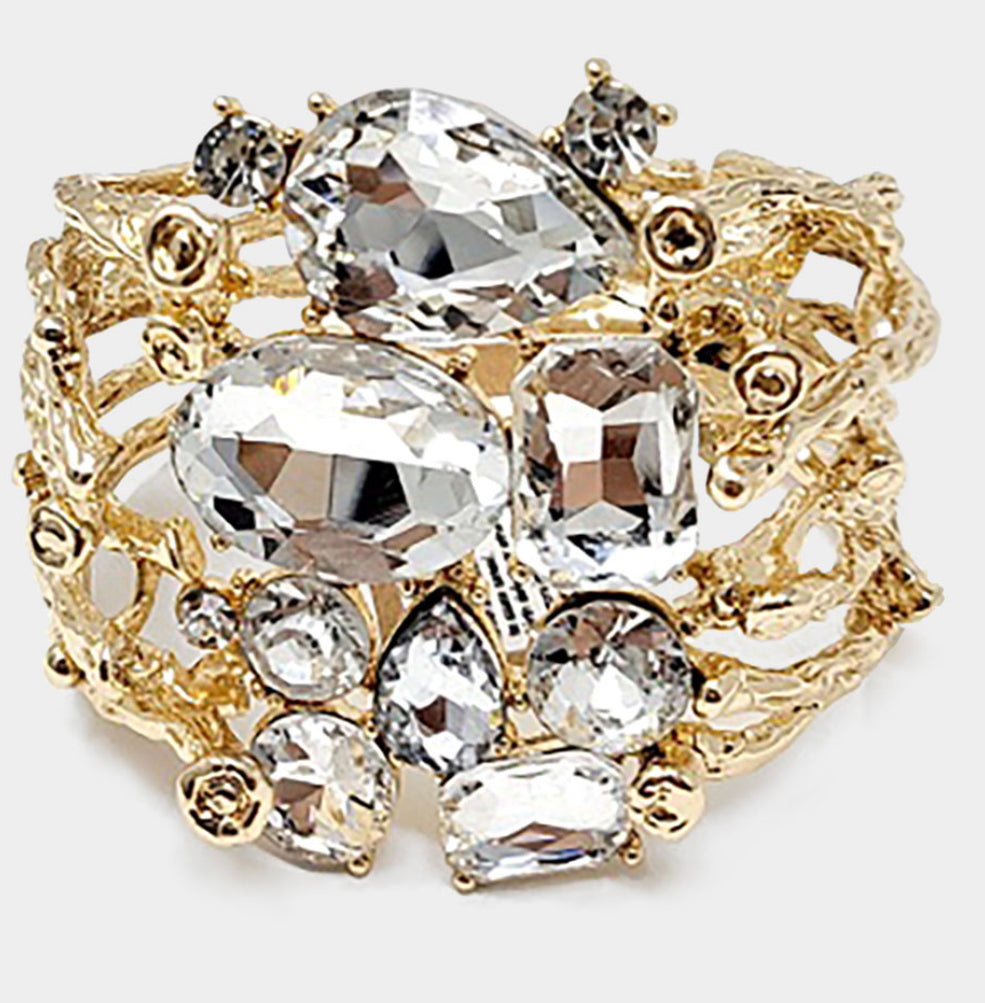Gold Glass Crystal Stone Embellished Metal Hinged Bracelet