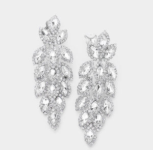 Silver Marquise Crystal Oval Cluster Vine Clip On Earrings