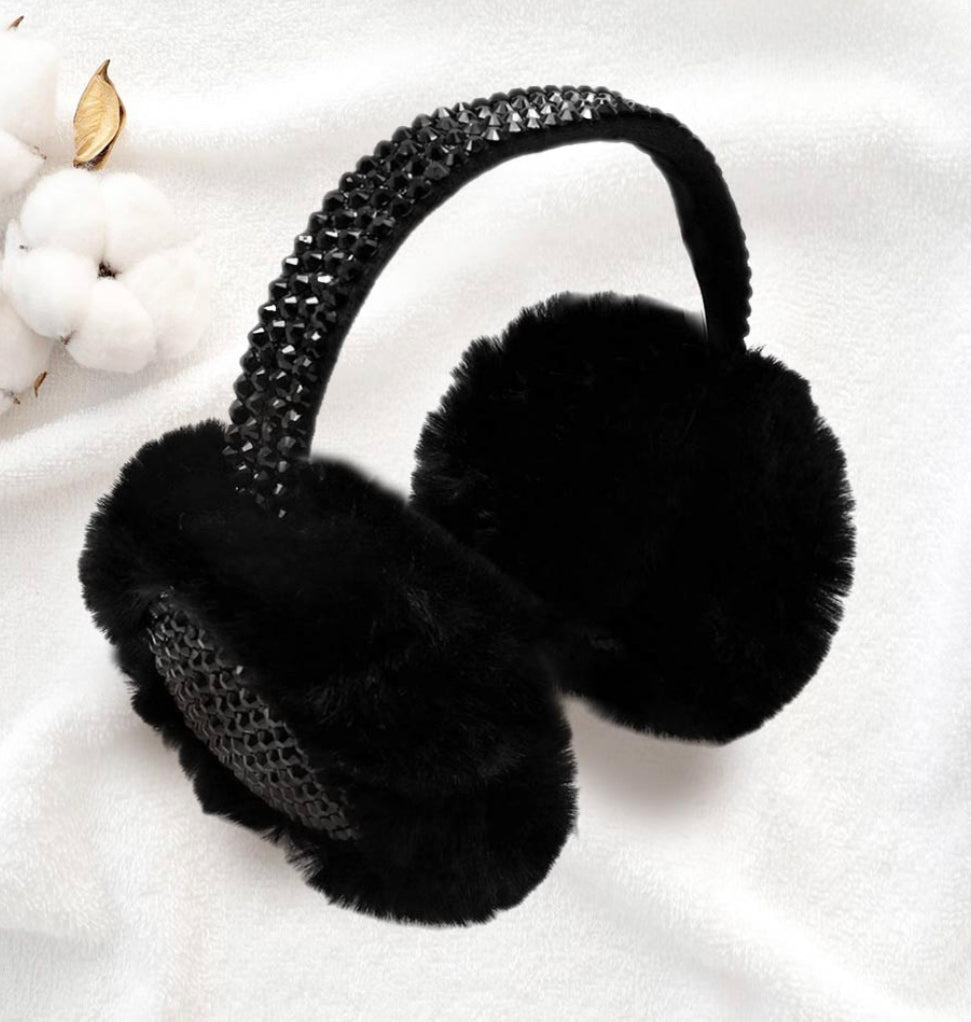 Black Studded Fluffy Plush Fur Foldable Earmuff