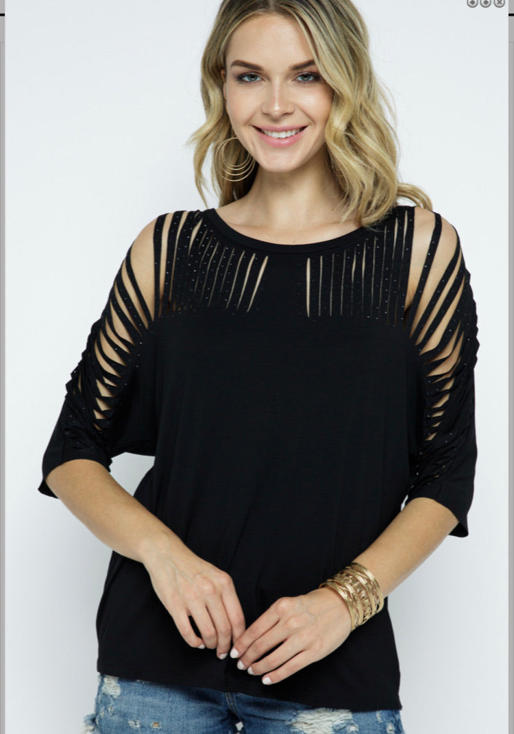 SHORT SLEEVE TOP WITH LASER CUT AND STONES