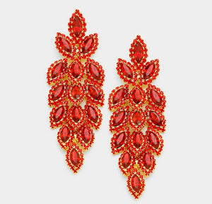 Red Crystal Stone Leaf Cluster Marquise  Earrings
