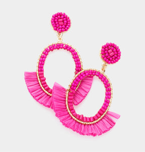 Hot Pink Bead Wrapped Open Metal Oval Raffia Fringe Dangle Earrings