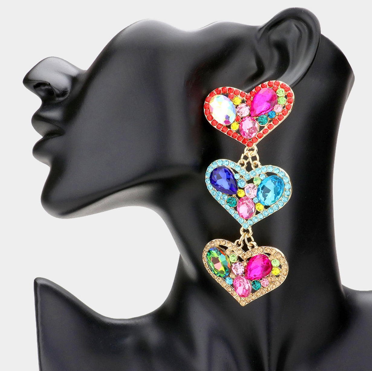 Multi Stone Embellished Triple Heart Link Dangle Earrings