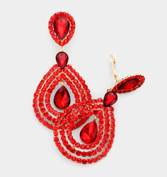 Red Crystal Pave Trimmed Teardrop Clip On Earrings