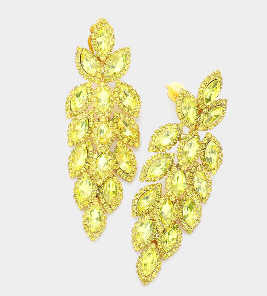 Yellow Marquise Crystal Oval Cluster Vine Clip On Earrings