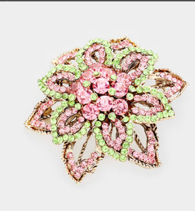Pink & Green Crystal Rhinestone Floral Brooch