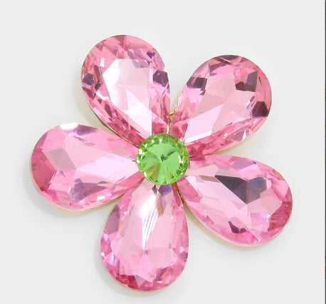 Pink & Green Crystal Rhinestone Flower Brooch