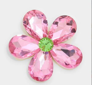 Pink & Green Crystal Rhinestone Flower Brooch