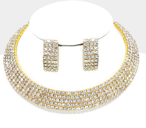 Gold 5Rows Crystal Rhinestone Choker Cuff Necklace