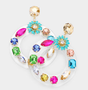 Flower Multi Stone Embellished Lucite Open Circle Dangle Earrings