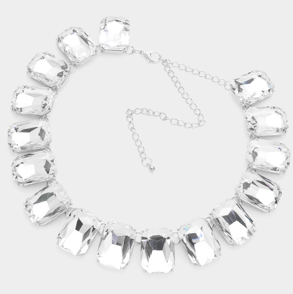 Silver Clear Stone Link Evening Necklace