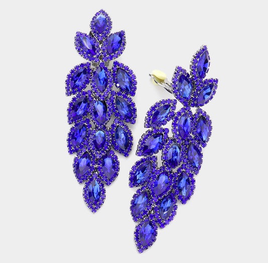 Royal Blue Marquise Crystal Oval Cluster Vine Clip On Earrings