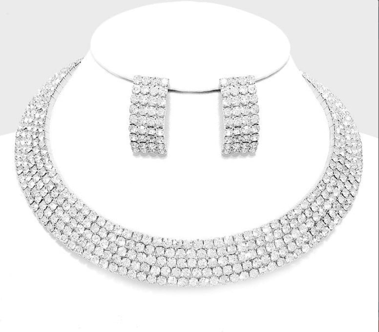 Silver 5Rows Crystal Rhinestone Choker Cuff Necklace