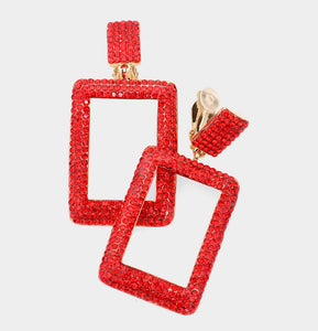 Red Rhinestone Embellished Rectangle Earrings